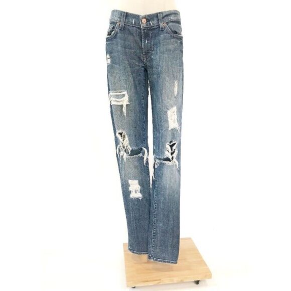 7 For All Mankind Roxanne Distressed Skinny Jeans Medium Light Wash Size 27 - Picture 3 of 9